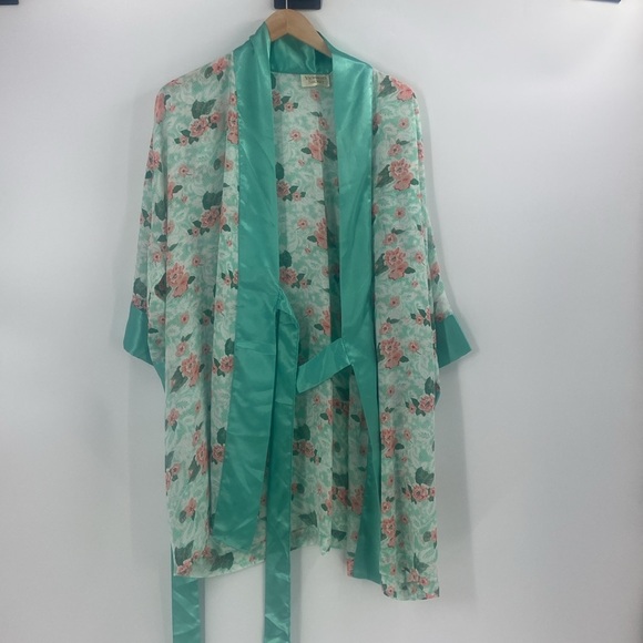 Victoria's Secret peach and aqua, wraparound silky feeling floral robe - Picture 14 of 15
